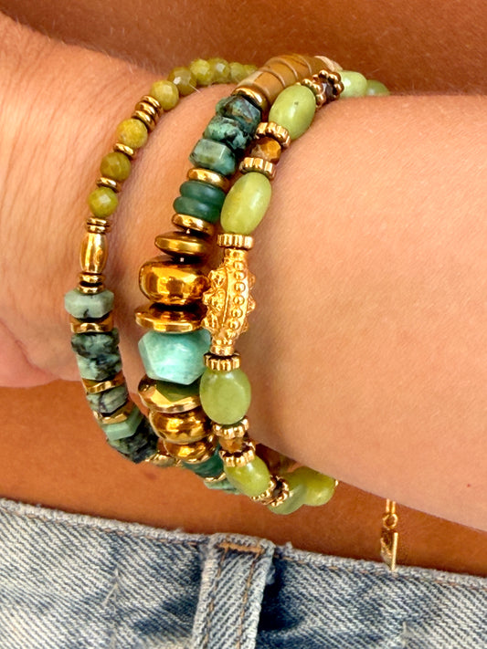 LOOK - VALERIA turquoise africaine, VIOLETTE amazonite, TÉA jaspe verte