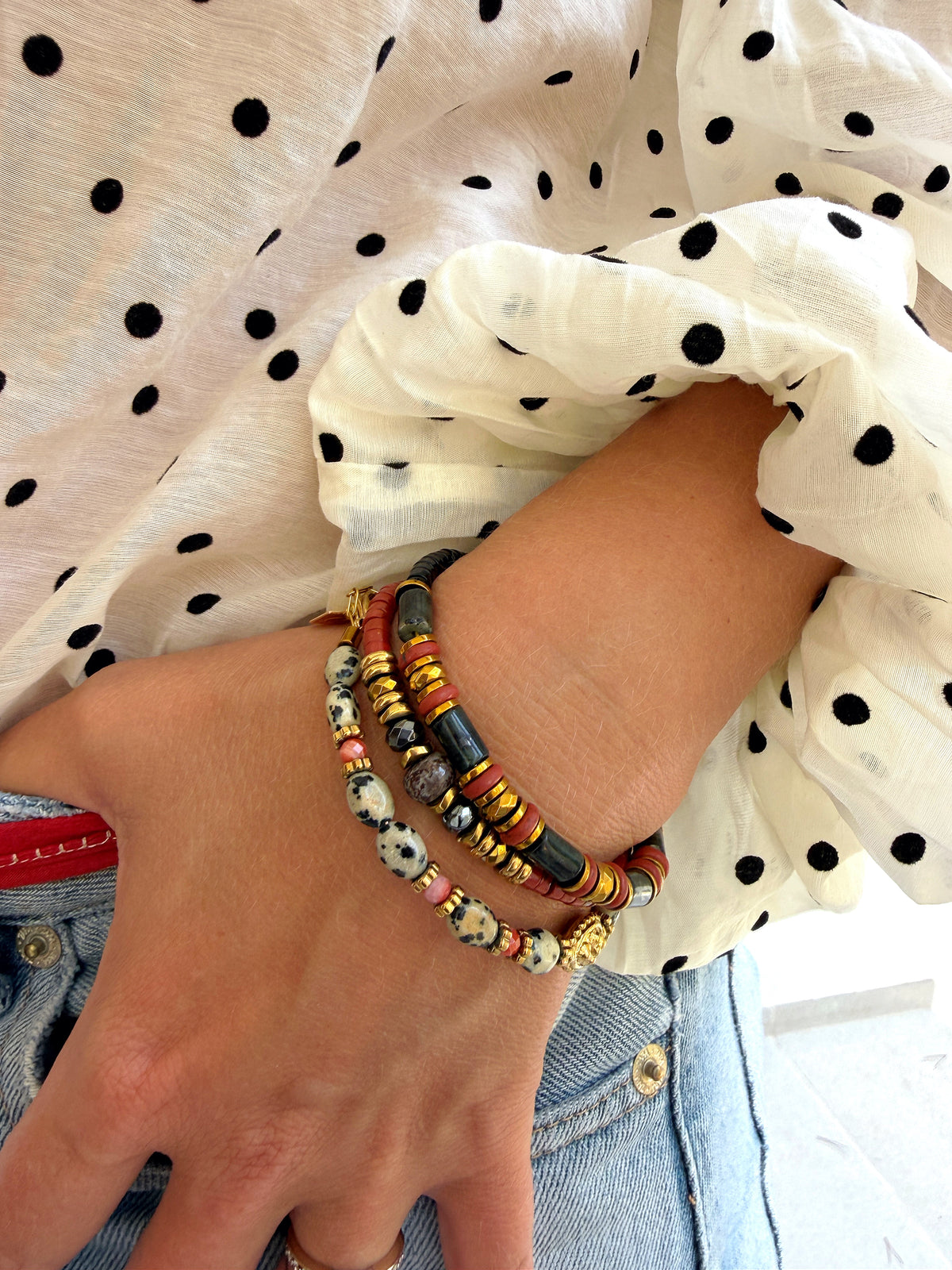 LOOK - TÉA jaspe dalmatien, JAJA jaspe rouge, VERANE larvakite