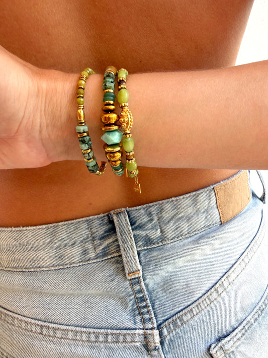LOOK - VALERIA turquoise africaine, VIOLETTE amazonite, TÉA jaspe verte